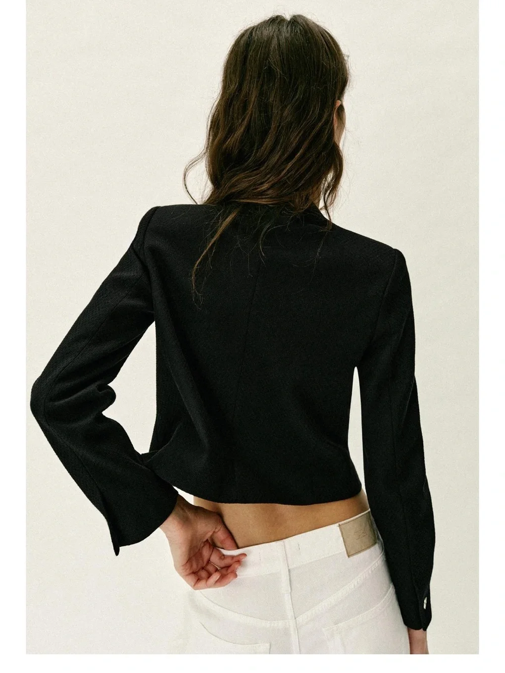 Zara Classic Black Cropped Jacket with Pearl Buttons